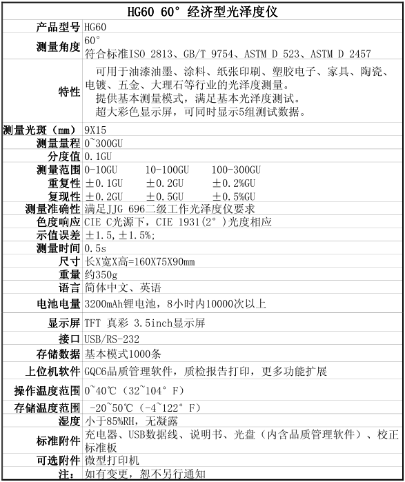 HG60單角度光澤度儀技術(shù)參數(shù)